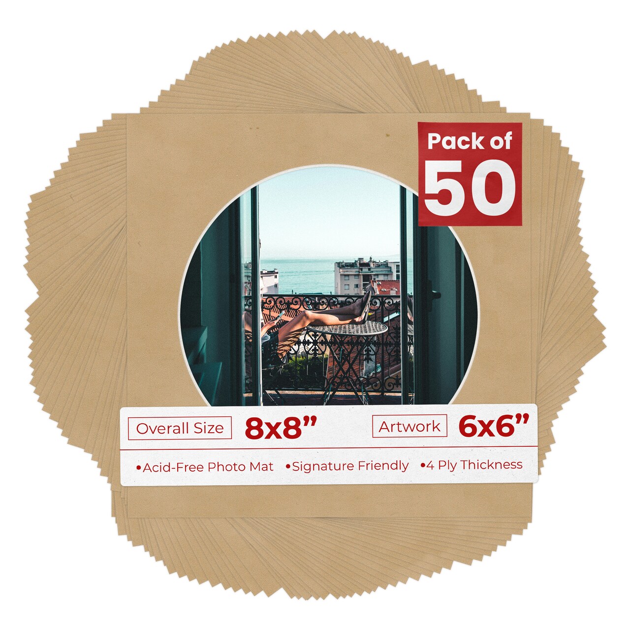 Beige Suede Mat Board for 8x8 Frames - Circle Opening for 6x6 Photos